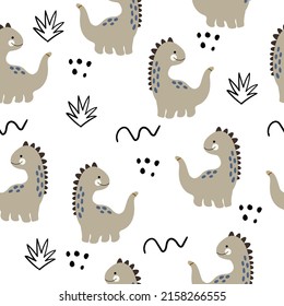 Vector hand drawn seamless pattern with cute dinosaurs. Dino, bushes, dots and doodles. Scandinavian style. For decorating a children's wall, wallpaper, clothes and textiles.