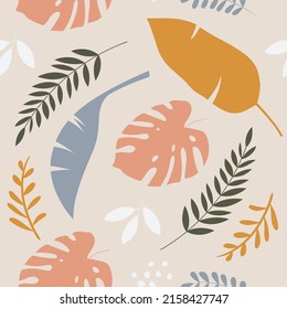 Vector hand drawn seamless pattern with tropical leaves, branches and dots. Banana leaves, monstera. Trendy wallpapers, textiles.