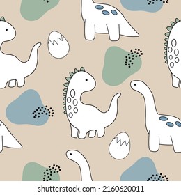 Patrón sin fisuras dibujado a mano vectorial con lindos dinosaurios. Imprimir con dino, huevos, manchas y puntos en forma de doodle. Papel pintado de moda para el vivero, imprenta para ropa, textiles.