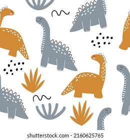 Vector Hand Drawn Seamless Pattern With Cute Dinosaurs. Dino, Bushes, Dots And Doodles. Scandinavian Style. For Decorating A Children's Wall, Wallpaper, Clothes And Textiles.