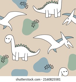 Vector hand drawn seamless pattern with cute dinosaurs. Print with dino, spots and dots in doodle style. Trendy wallpaper for the nursery, print for clothes, textiles.
