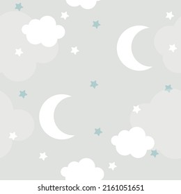 Vector hand drawn seamless pattern with clouds, stars and moon. On a gray background. Children's 3D wallpaper, textiles, print for clothes.