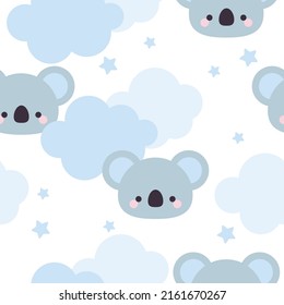 Vector hand drawn seamless pattern with koala, clouds and stars. Kawaii koala on a white background. Print for wallpaper in the nursery, for baby clothes, gift paper, textiles.