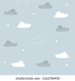 Vector hand drawn seamless pattern with clouds. Clouds in doodle style. Trendy children's wallpapers, textiles, baby clothes. 
On a blue background.