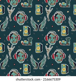 Vector hand drawn seamless pattern. Punk rock attributes, skulls, stars, vinyls, guitars, zombie.