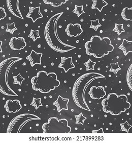 vector hand drawn seamless pattern with clouds, stars and moons on black chalkboard