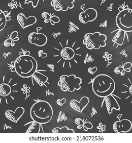 vector hand drawn seamless pattern with kids on black chalkboard