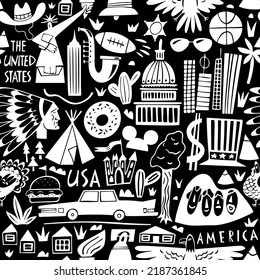 Vector Hand Drawn Seamless Pattern Of The United States Of America With Landmarks. Travel Illustration Of USA. North America Background 