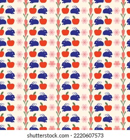 Vector hand drawn Seamless pattern with cute cartoon bunny, apple and carrot. Baby shower background.  