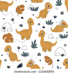 Vector hand drawn seamless pattern with cute dinosaurs and plants. Scandinavian style on a white background. Childish pattern for fabric, paper, wrapping, clothing, textile, wallpaper. Vector