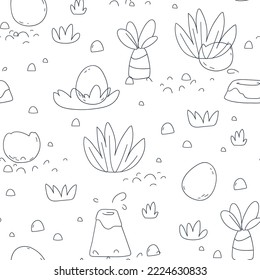 Vector hand drawn seamless pattern with palms and plants. linear style. Scandinavian style on a white background. Childish pattern for fabric, paper, wrapping, clothing, textile, wallpaper.