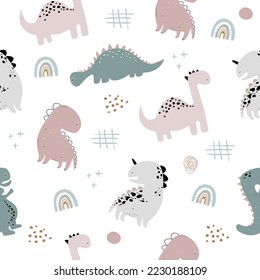 Vector hand drawn seamless pattern with dinosaurs and doodles, dots, spots and rainbow. Modern childish design for wallpaper, textile, gift paper.