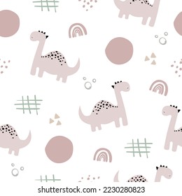 Vector hand drawn seamless pattern with dinosaurs and doodles, dots, spots and rainbow. Modern childish design for wallpaper, textile, gift paper.