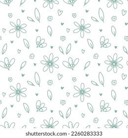 vector hand drawn seamless pattern with green hearts and cute flowers. bright background