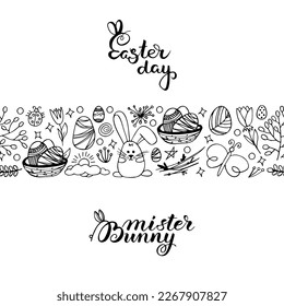 Vector hand drawn seamless pattern background. Easter pictures in doodle style.