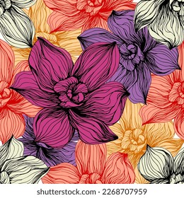 Vector hand drawn seamless pattern with stylized orchid branch for your design, pattern can be used for wallpaper, invitation, fabric.
