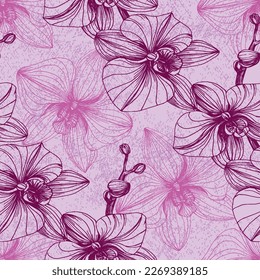 Vector hand drawn seamless pattern with stylized orchid branch for your design, pattern can be used for wallpaper, invitation, fabric.