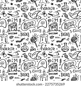 Vector hand drawn seamless pattern background. Set Halloween pictures in doodle style. Line art illustrations 