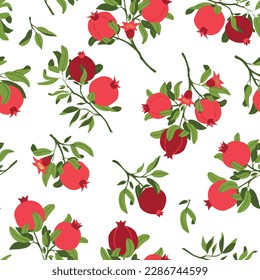 Vector hand drawn seamless pattern with pomegranate branches. Fruit print. Sketch Exotic tropical juicy fruit, pomegranate with leaves and flowers. Vector cartoon simple style illustration. Doodle 