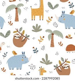 Patrón sin fisuras dibujado a mano vectorial con animales africanos lindos aislados en fondo blanco. Girafa, pereza, rinocerontes. Textura chill para tela, envoltura, textil, papel pintado. Diseño escandinavo.