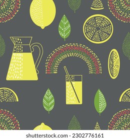 Vector hand drawn seamless pattern with lemon, citrus. Lemonade print. Sketch Exotic tropical juicy fruit, lemon with leaves and jug of juice. Vector cartoon simple style illustration. Funny Doodle 