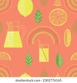 Vector hand drawn seamless pattern with lemon, citrus. Lemonade print. Sketch Exotic tropical juicy fruit, lemon with leaves and jug of juice. Vector cartoon simple style illustration. Funny Doodle 