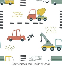 Vector hand drawn seamless pattern, children's drawing with cars, houses, trees on a white background. Children's pattern with cars. Transport, city, cars.