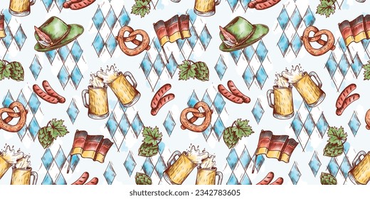 Patrón de Oktoberfest dibujado a mano con vectores en un estilo grabado. Cerveza, bagel, lúpulo, orejas de maíz, bandera alemana. Fondo tradicional del festival de la cerveza. Fiesta Oktoberfest para el diseño de menús, restaurante