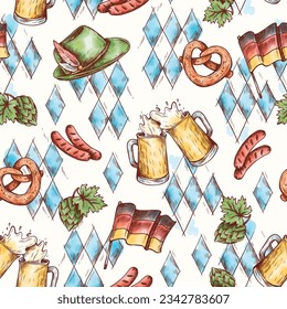 Vector hand drawn seamless pattern Oktoberfest in engraved style. Beer, bagel, hops, ears of corn, german flag. Traditional beer festival background. Oktoberfest party for menu design, restaurant