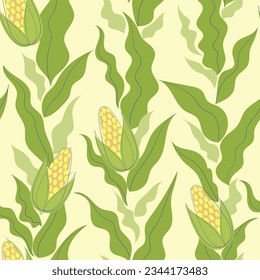 Vector hand drawn seamless pattern with corn and leaves