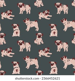 Vector hand drawn seamless pattern with pugs 