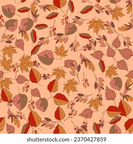 Vector hand drawn seamless pattern of fall leaves of birch, oak, maple, ash trees