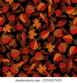 Vector hand drawn seamless pattern of fall leaves of birch, oak, maple, ash trees