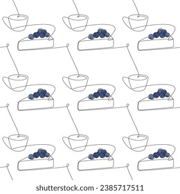 Vector hand drawn seamless pattern. Blueberry cake coffee cup line continuous illustration. Cartoon dessert backdrop. Kitchen wallpaper, background, print, graphic design, banner. 