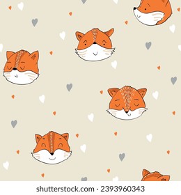 Vector hand drawn seamless pattern. Cute cartoon foxes.