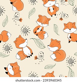 Vector hand drawn seamless pattern. Cute cartoon fox.