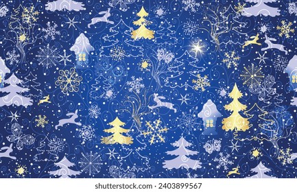 Vector hand drawn seamless pattern with a fairytale Christmas forest with hares, butterflies, huts, snowflakes and a bright Christmas star