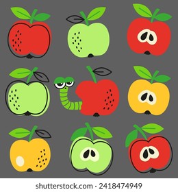 Vector hand drawn seamless pattern in a doodle style. Red, green and yellow apples and caterpillar on dark background