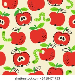 Vector hand drawn seamless pattern in a doodle style. Red apples and caterpillar on yellow background