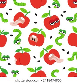 Vector hand drawn seamless pattern. Red crazy apples and caterpillar on white background