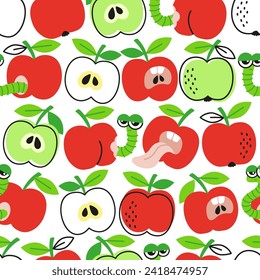 Vector hand drawn seamless pattern in a doodle style. Red and green apples and caterpillar on dark background