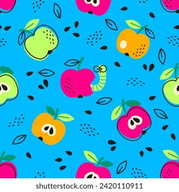 Vector hand drawn seamless pattern in a doodle style. Red and green apples on blue background