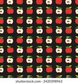 Vector hand drawn seamless pattern in a doodle style. Whole apples and half apples on black background