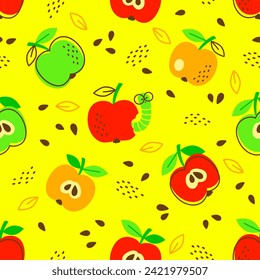 Vector hand drawn seamless pattern in a doodle style. Red apples and caterpillar on yellow background