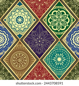 Vector hand drawn seamless pattern with rhombuses with golden mandalas. Islam, Arabic, Indian, ottoman motifs. Perfect for printing on fabric or paper.