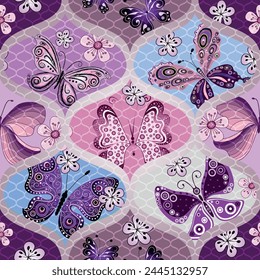 Vector hand drawn seamless pattern with rhombuses with colorful butterflies. Islam, Arabic, Indian, ottoman motifs. 