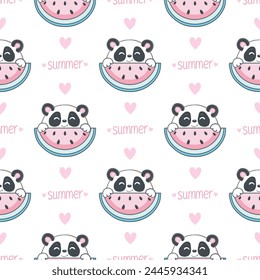 Vector hand drawn seamless pattern with cute panda. Watermelons and hearts in the Scandinavian style on the background. Kawaii animals. Children's wallpaper.