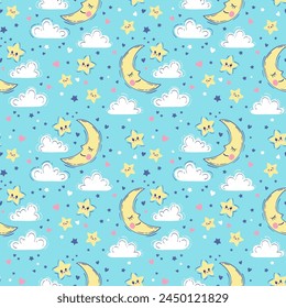 Vector hand drawn seamless pattern. Cute background with sleeping smiling moon, stars, clouds. Night sky, baby print in light blue colors