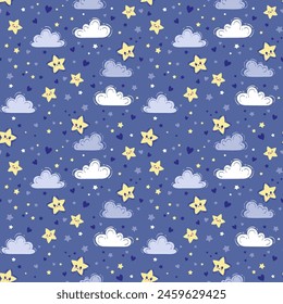 Vector dibujado a mano sin patrón. Fondo lindo con estrellas sonrientes amarillas. Cielo nocturno, estampado de bebé en colores azules para diseño de guardería y tela