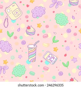 Vector hand drawn seamless pattern. Cute image with the image of the camera, cocktail, pastry, macaroon, bow, photo palaroid, panda, cloud 